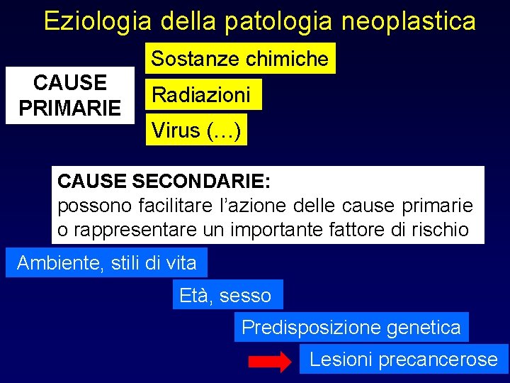 Eziologia della patologia neoplastica Sostanze chimiche CAUSE PRIMARIE Radiazioni Virus (…) CAUSE SECONDARIE: possono