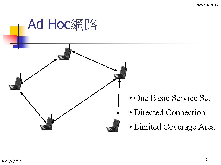 成大資訊 鄭憲宗 Ad Hoc網路 • One Basic Service Set • Directed Connection • Limited