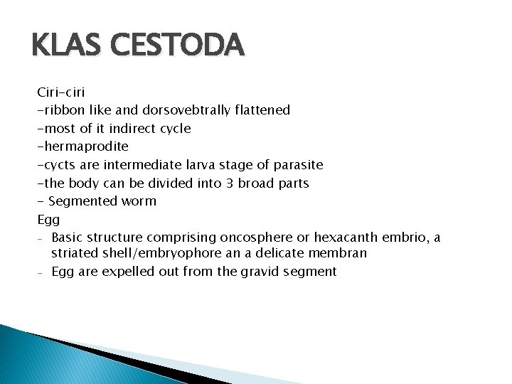 KLAS CESTODA Ciri-ciri -ribbon like and dorsovebtrally flattened -most of it indirect cycle -hermaprodite
