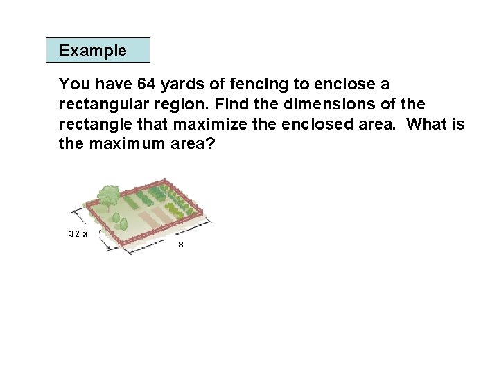 Example You have 64 yards of fencing to enclose a rectangular region. Find the