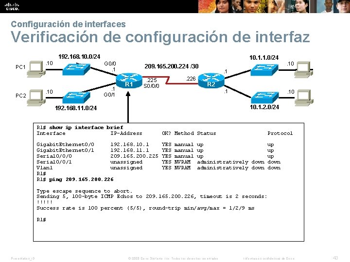 Configuración de interfaces Verificación de configuración de interfaz 192. 168. 10. 0/24 PC 1