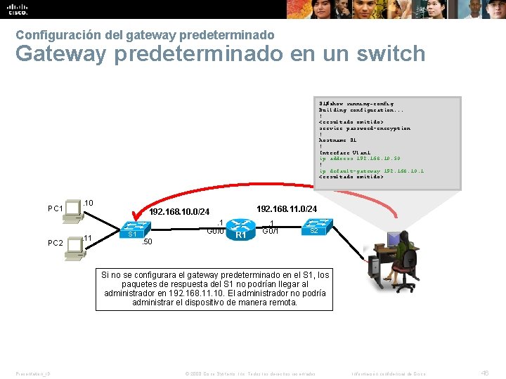 Configuración del gateway predeterminado Gateway predeterminado en un switch S 1#show running-config Building configuration.