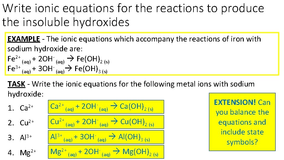 Write ionic equations for the reactions to produce the insoluble hydroxides EXAMPLE - The