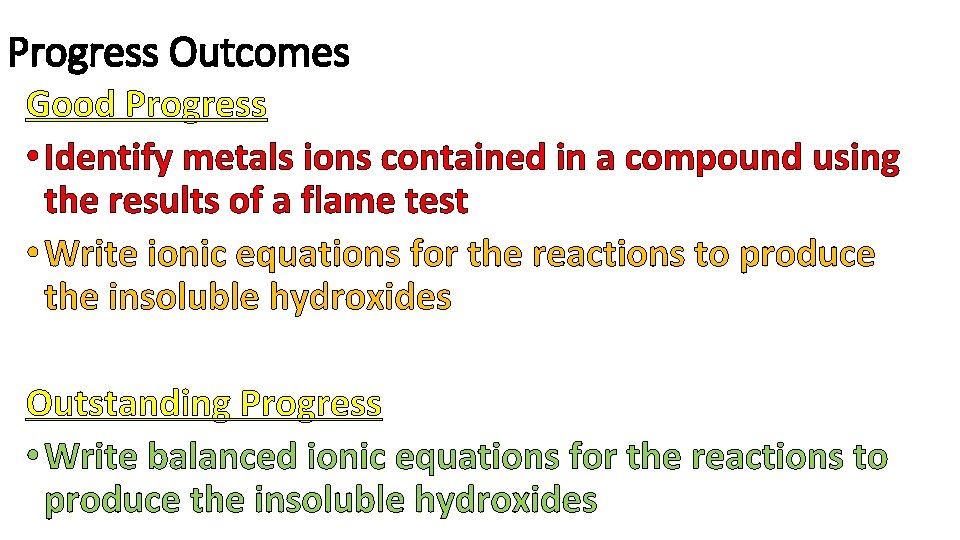Progress Outcomes Good Progress • Identify metals ions contained in a compound using the