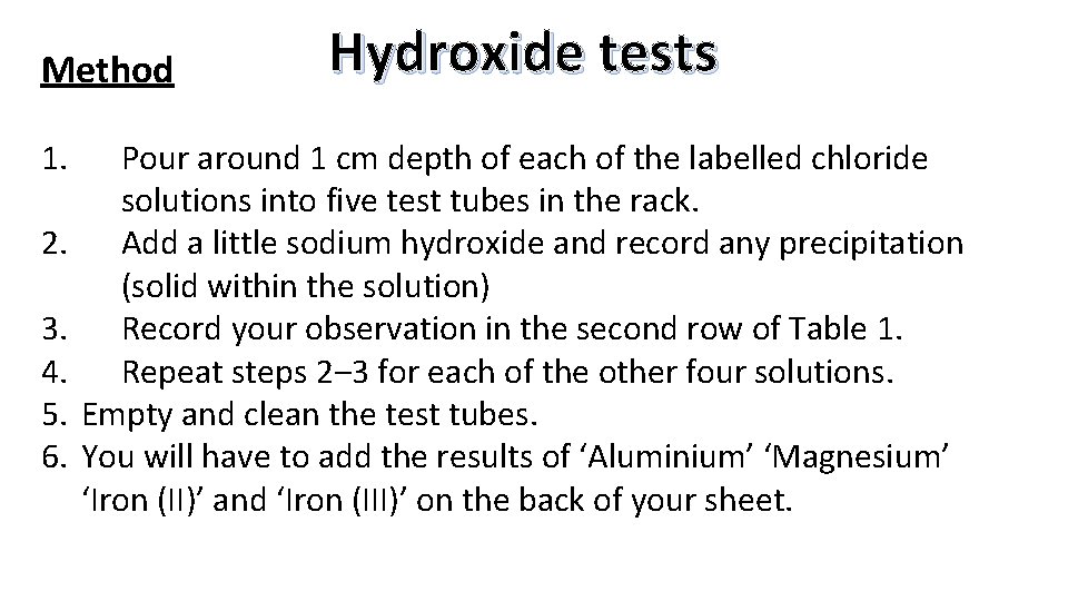 Method 1. 2. 3. 4. 5. 6. Hydroxide tests Pour around 1 cm depth