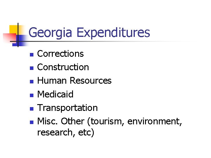 Georgia Expenditures n n n Corrections Construction Human Resources Medicaid Transportation Misc. Other (tourism,