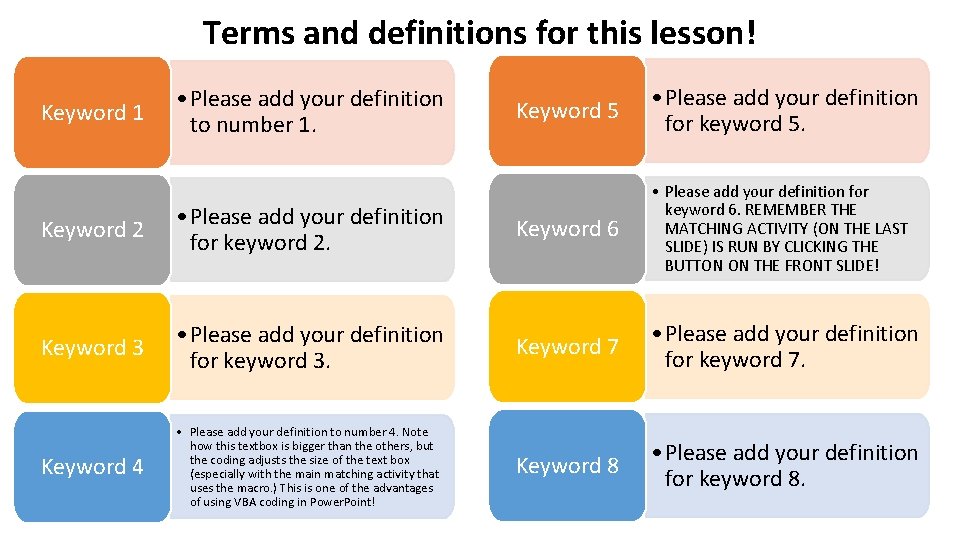 Terms and definitions for this lesson! Keyword 1 • Please add your definition to