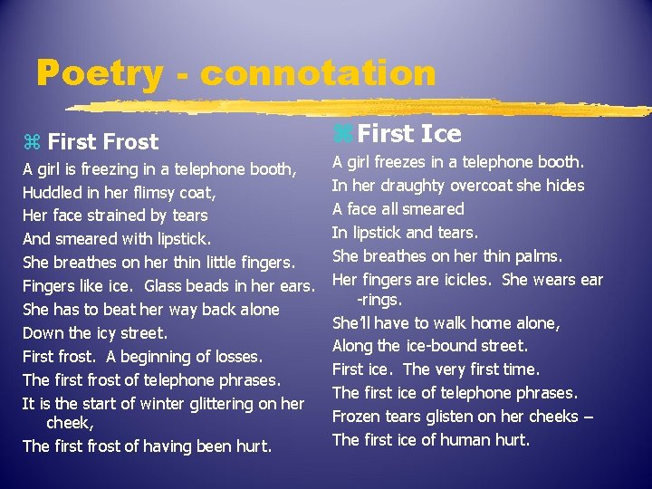 Poetry - connotation z First Frost A girl is freezing in a telephone booth,