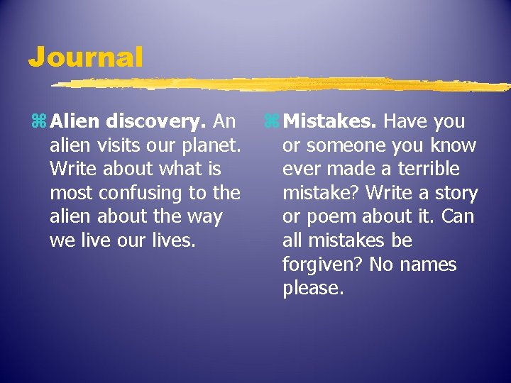 Journal z Alien discovery. An alien visits our planet. Write about what is most