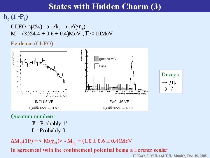 States with Hidden Charm (3) hc (1 1 P 1) CLEO: (2 s) π0