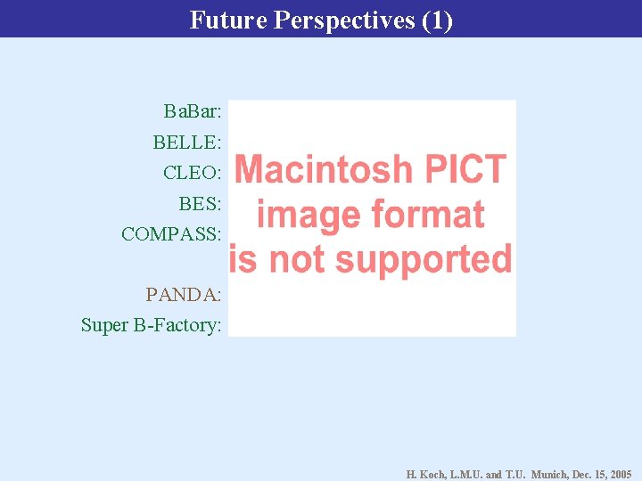 Future Perspectives (1) Ba. Bar: BELLE: CLEO: BES: COMPASS: PANDA: Super B-Factory: H. Koch,