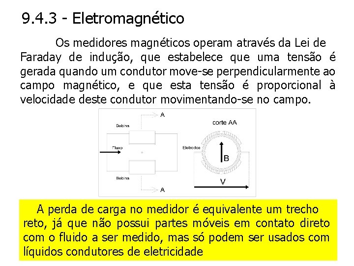 9. 4. 3 - Eletromagnético Os medidores magnéticos operam através da Lei de Faraday