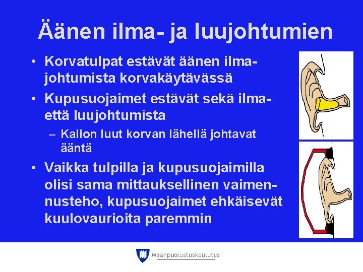 Äänen ilma- ja luujohtumien • Korvatulpat estävät äänen ilmajohtumista korvakäytävässä • Kupusuojaimet estävät sekä Äänen ilma- ja luujohtumien • Korvatulpat estävät äänen ilmajohtumista korvakäytävässä • Kupusuojaimet estävät sekä
