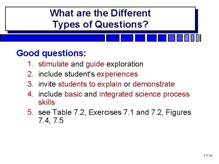 What are the Different Types of Questions? Good questions: 1. 2. 3. 4. stimulate