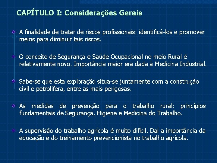 CAPÍTULO I: Considerações Gerais A finalidade de tratar de riscos profissionais: identificá-los e promover