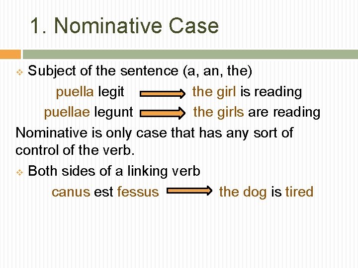 1. Nominative Case Subject of the sentence (a, an, the) puella legit the girl