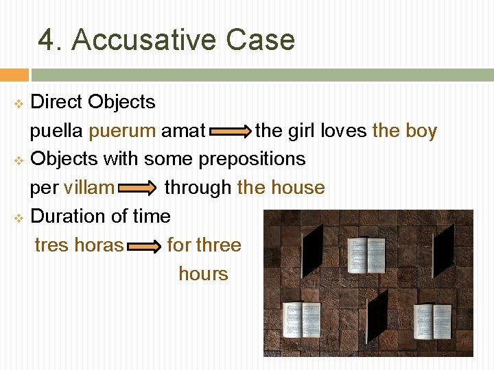 4. Accusative Case Direct Objects puella puerum amat the girl loves the boy v