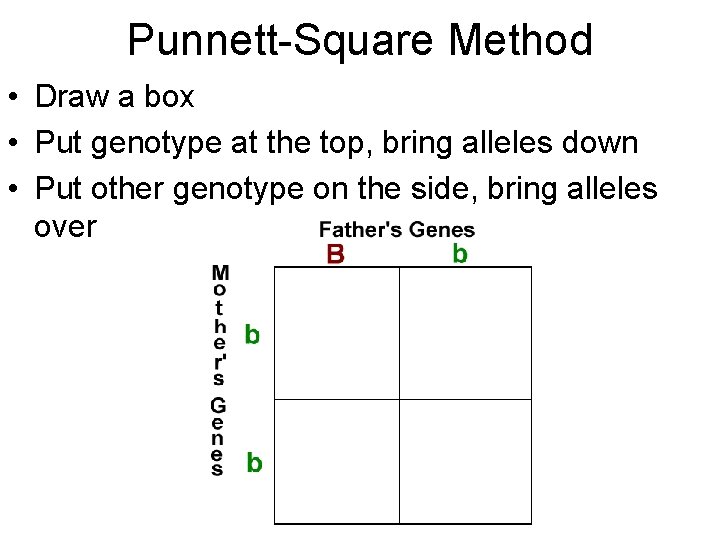 Punnett-Square Method • Draw a box • Put genotype at the top, bring alleles