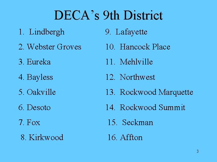 DECA’s 9 th District 1. Lindbergh 9. Lafayette 2. Webster Groves 10. Hancock Place