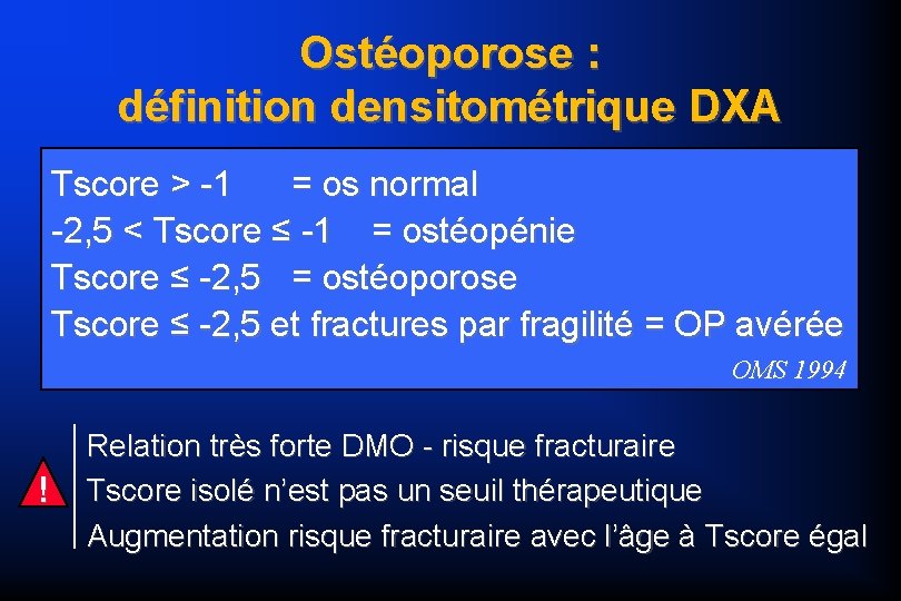 Ostéoporose : définition densitométrique DXA Tscore > -1 = os normal -2, 5 <