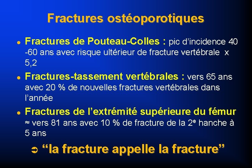 Fractures ostéoporotiques Fractures de Pouteau-Colles : pic d’incidence 40 -60 ans avec risque ultérieur