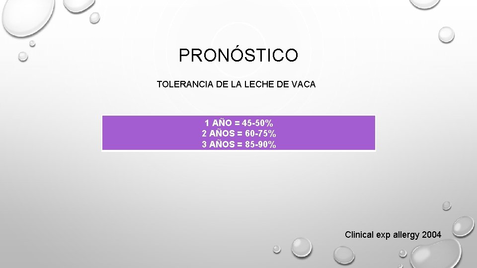 PRONÓSTICO TOLERANCIA DE LA LECHE DE VACA 1 AÑO = 45 -50% 2 AÑOS