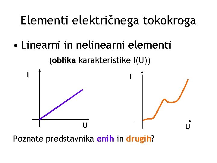Elementi električnega tokokroga • Linearni in nelinearni elementi (oblika karakteristike I(U)) I I U