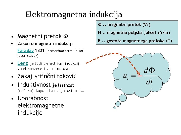Elektromagnetna indukcija Φ. . magnetni pretok (Vs) • Magnetni pretok Φ • Zakon o