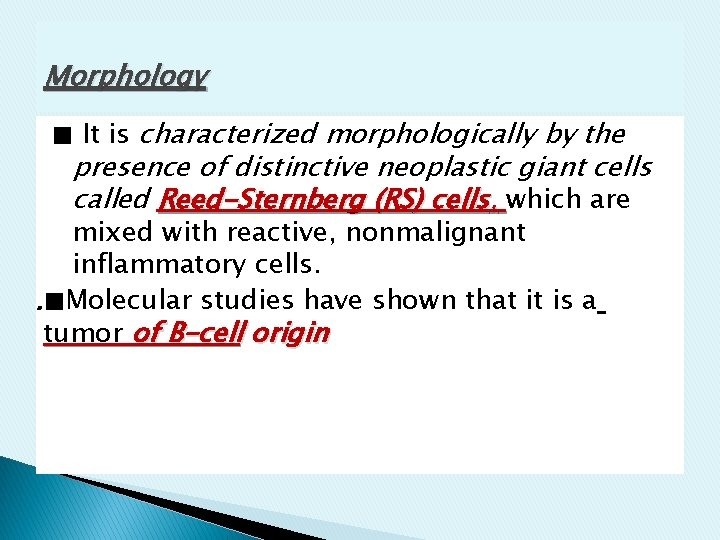 Morphology ■ It is characterized morphologically by the presence of distinctive neoplastic giant cells Morphology ■ It is characterized morphologically by the presence of distinctive neoplastic giant cells