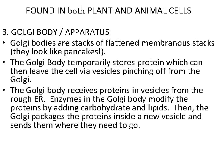FOUND IN both PLANT AND ANIMAL CELLS 3. GOLGI BODY / APPARATUS • Golgi