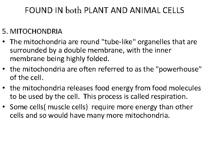 FOUND IN both PLANT AND ANIMAL CELLS 5. MITOCHONDRIA • The mitochondria are round