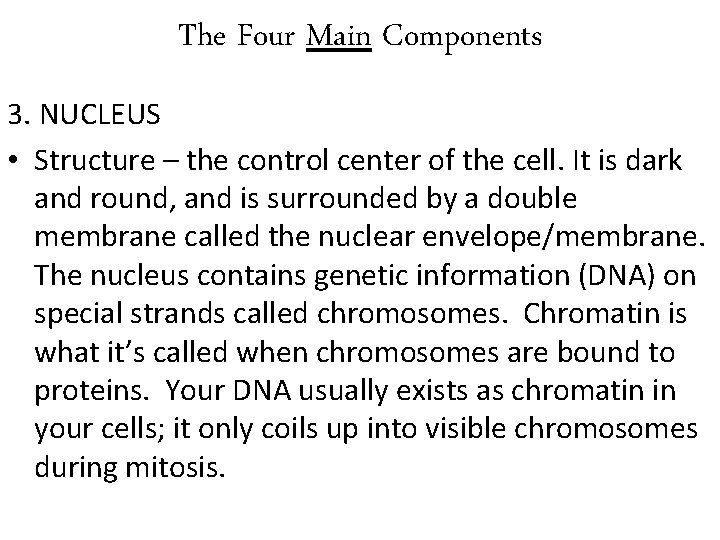 The Four Main Components 3. NUCLEUS • Structure – the control center of the
