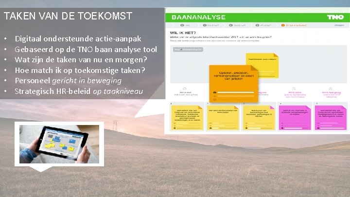 TAKEN VAN DE TOEKOMST • • • Digitaal ondersteunde actie-aanpak Gebaseerd op de TNO