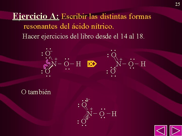 25 Ejercicio A: Escribir las distintas formas resonantes del ácido nítrico. Hacer ejercicios del