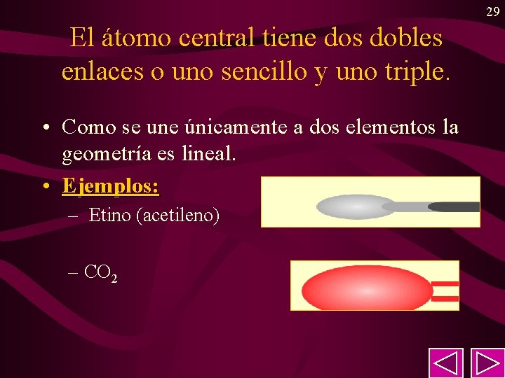 29 El átomo central tiene dos dobles enlaces o uno sencillo y uno triple.