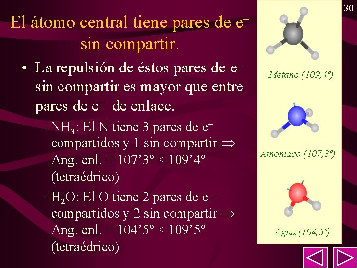 30 El átomo central tiene pares de e– sin compartir. • La repulsión de