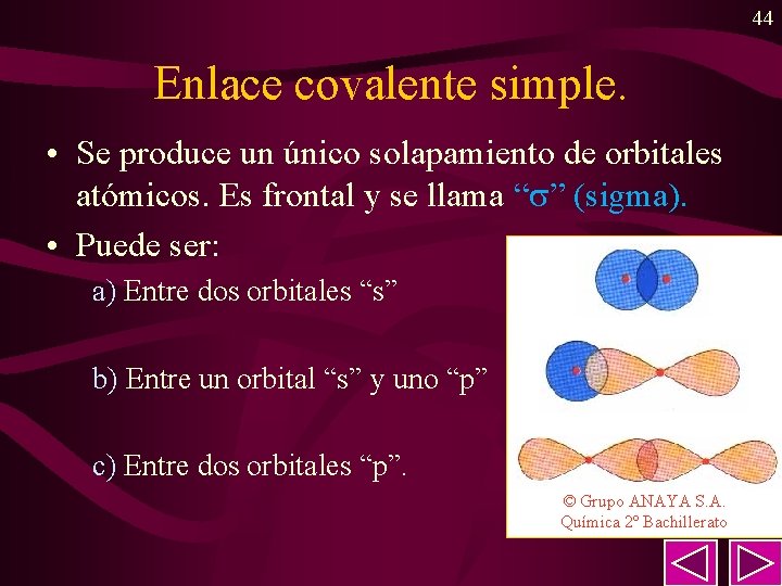 44 Enlace covalente simple. • Se produce un único solapamiento de orbitales atómicos. Es
