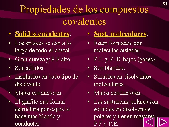 Propiedades de los compuestos covalentes • Sólidos covalentes: covalentes • Sust. moleculares: moleculares •