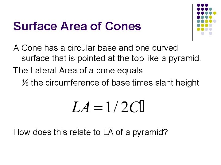 Surface Area of Cones A Cone has a circular base and one curved surface