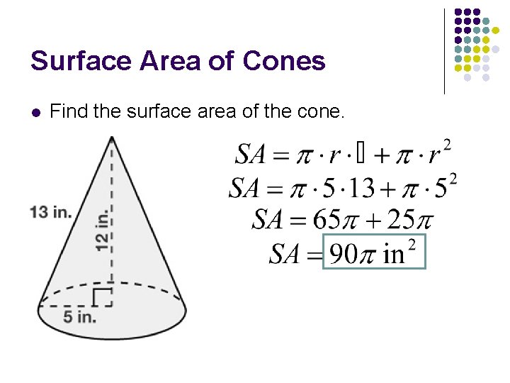 Surface Area of Cones l Find the surface area of the cone. 