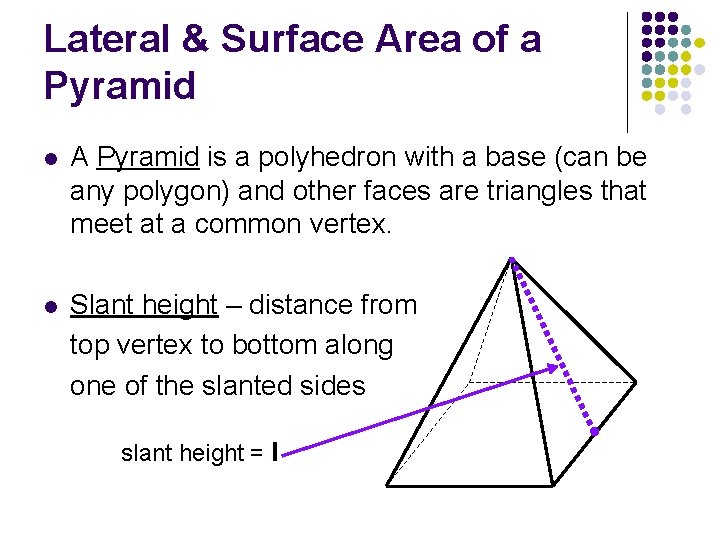 Lateral & Surface Area of a Pyramid l A Pyramid is a polyhedron with