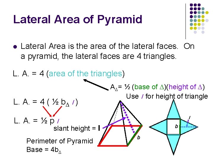 Lateral Area of Pyramid l Lateral Area is the area of the lateral faces.