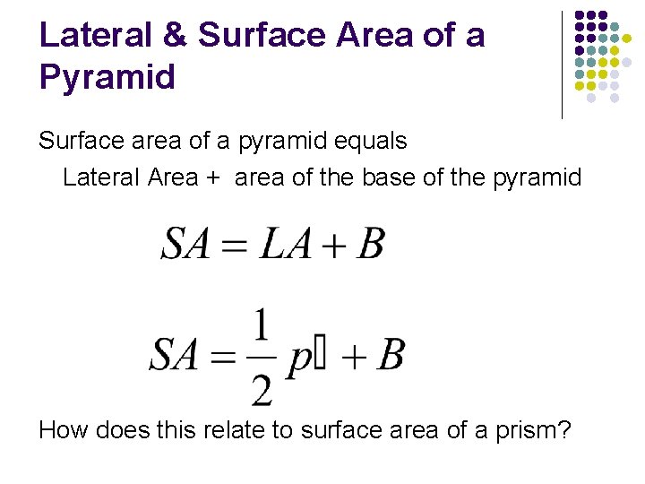 Lateral & Surface Area of a Pyramid Surface area of a pyramid equals Lateral