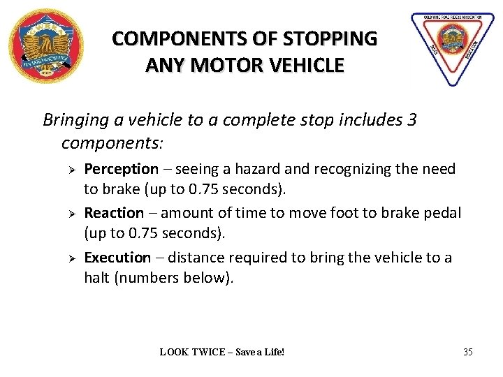 COMPONENTS OF STOPPING ANY MOTOR VEHICLE Bringing a vehicle to a complete stop includes