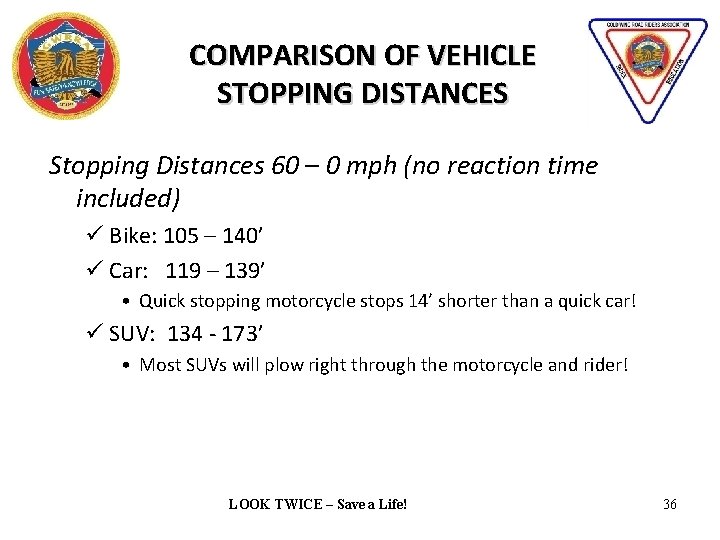 COMPARISON OF VEHICLE STOPPING DISTANCES Stopping Distances 60 – 0 mph (no reaction time