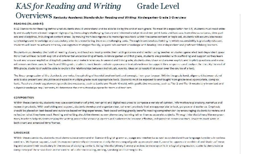 KAS for Reading and Writing Overviews Grade Level 15 