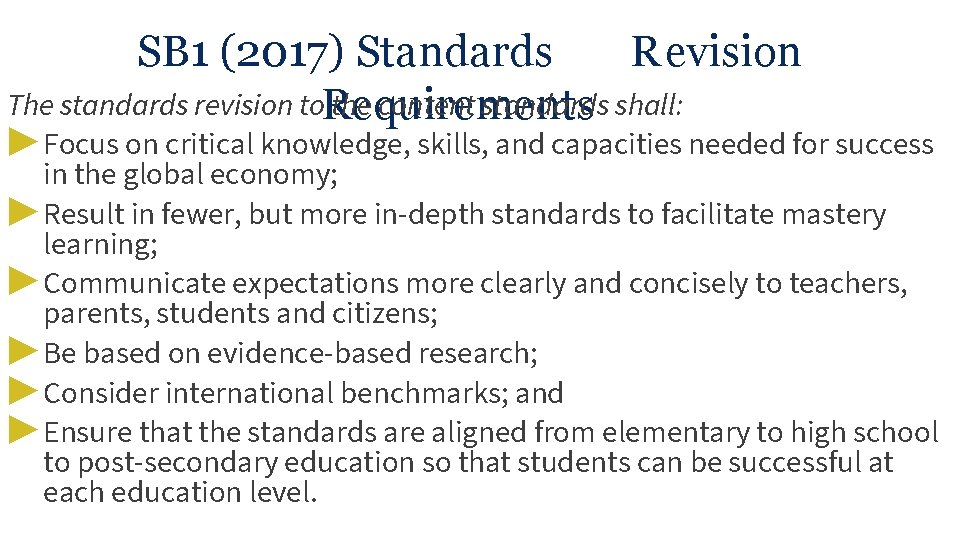 SB 1 (2017) Standards Revision The standards revision to. Requirements the content standards shall: