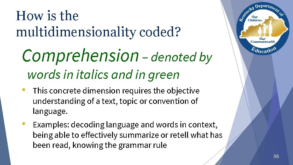 How is the multidimensionality coded? Comprehension – denoted by words in italics and in