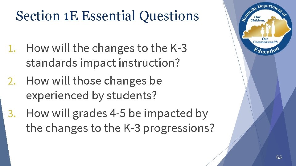 Section 1 E Essential Questions 1. How will the changes to the K-3 standards