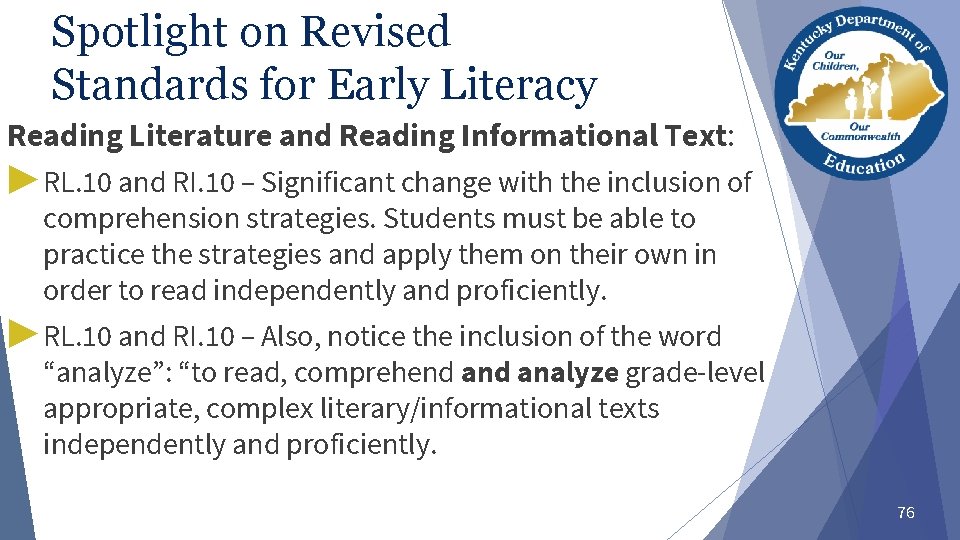 Spotlight on Revised Standards for Early Literacy Reading Literature and Reading Informational Text: ▶